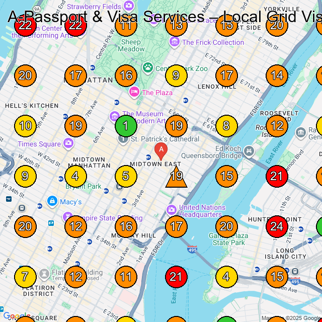 A-Passport & Visa Services Visa And Passport Office GeoGrid ranking map for Manhattan NY